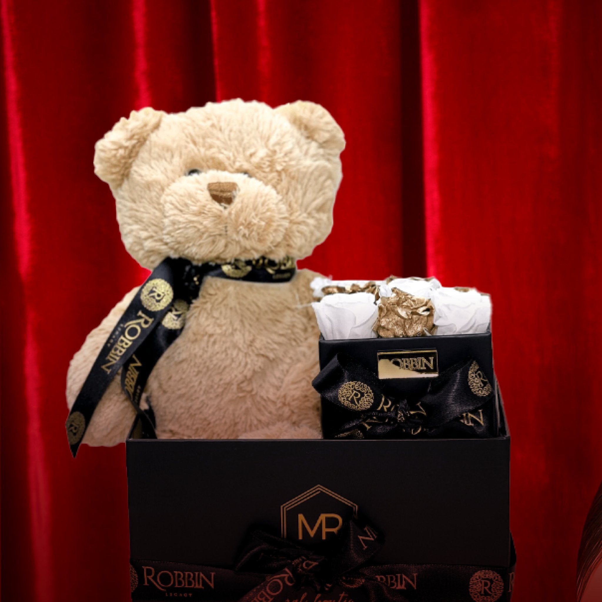 Gift Box Preserved Roses Teddy Bear and Ferrero Chocolates - Robbin Legacy