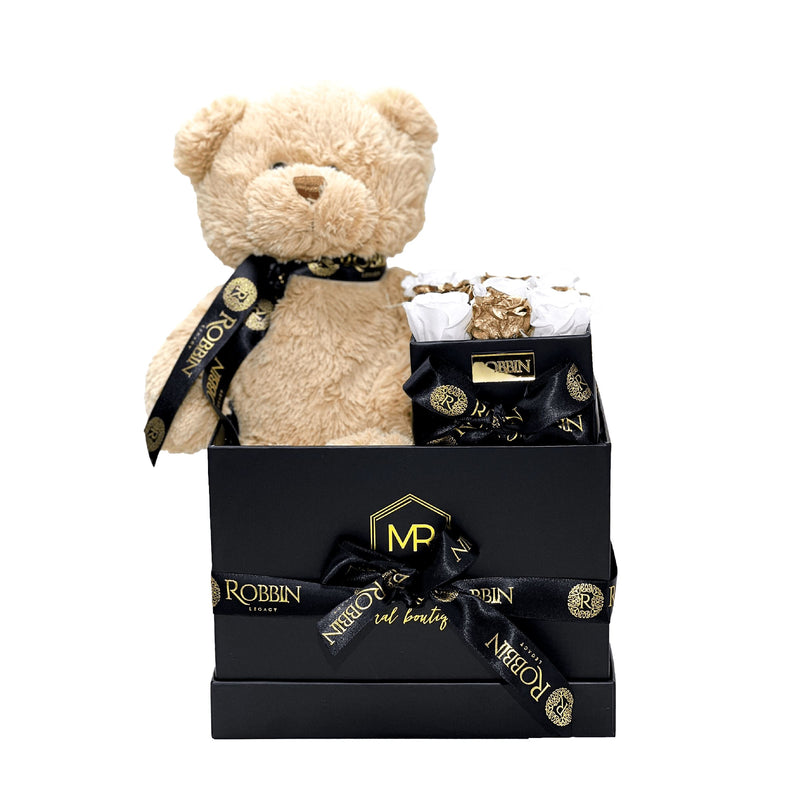 Gift Box Preserved Roses Teddy Bear and Ferrero Chocolate Miami Florida and Nationwide. Gifts Boxes Robbin Legacy 