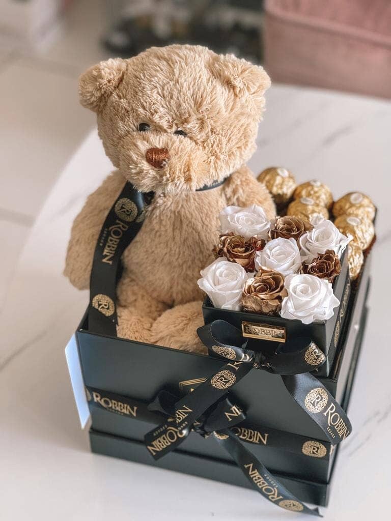 Gift Box Preserved Roses Teddy Bear and Ferrero Chocolate Miami Florida and Nationwide. Gifts Boxes Robbin Legacy 