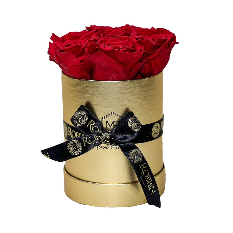 Cylinder Box Fresh Flowers Miami Florida. Preserved Roses Robbin Legacy Red Gold 