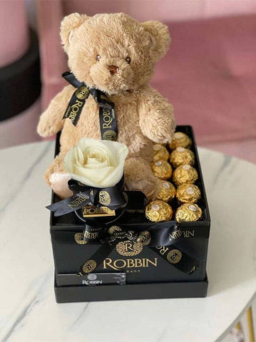 1 Preserved Rose Teddy Bear and Ferrero Chocolate Miami Florida and Nationwide.. Gifts Boxes Robbin Legacy 