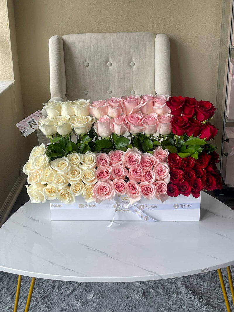 80 Standing Fresh Roses Flowers In Rectangle Box Miami Florida.. Fresh Flowers Robbin Legacy White 