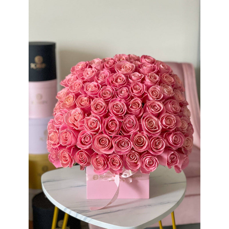 100 Fresh Roses Flowers Hat Square Box Miami Florida.. Fresh Flowers Robbin Legacy Pink Pink 