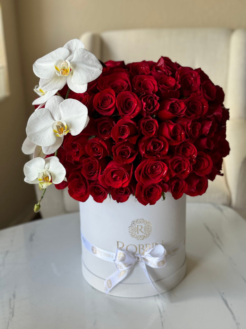 100 Red Fresh Roses and Orchid Miami Florida.. Fresh Flowers Robbin Legacy 
