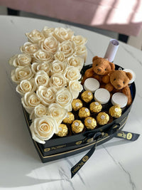Combo Everything Heart Gift Box Fresh Roses Flowers Miami Florida.. Gifts Boxes Robbin Legacy Black White 