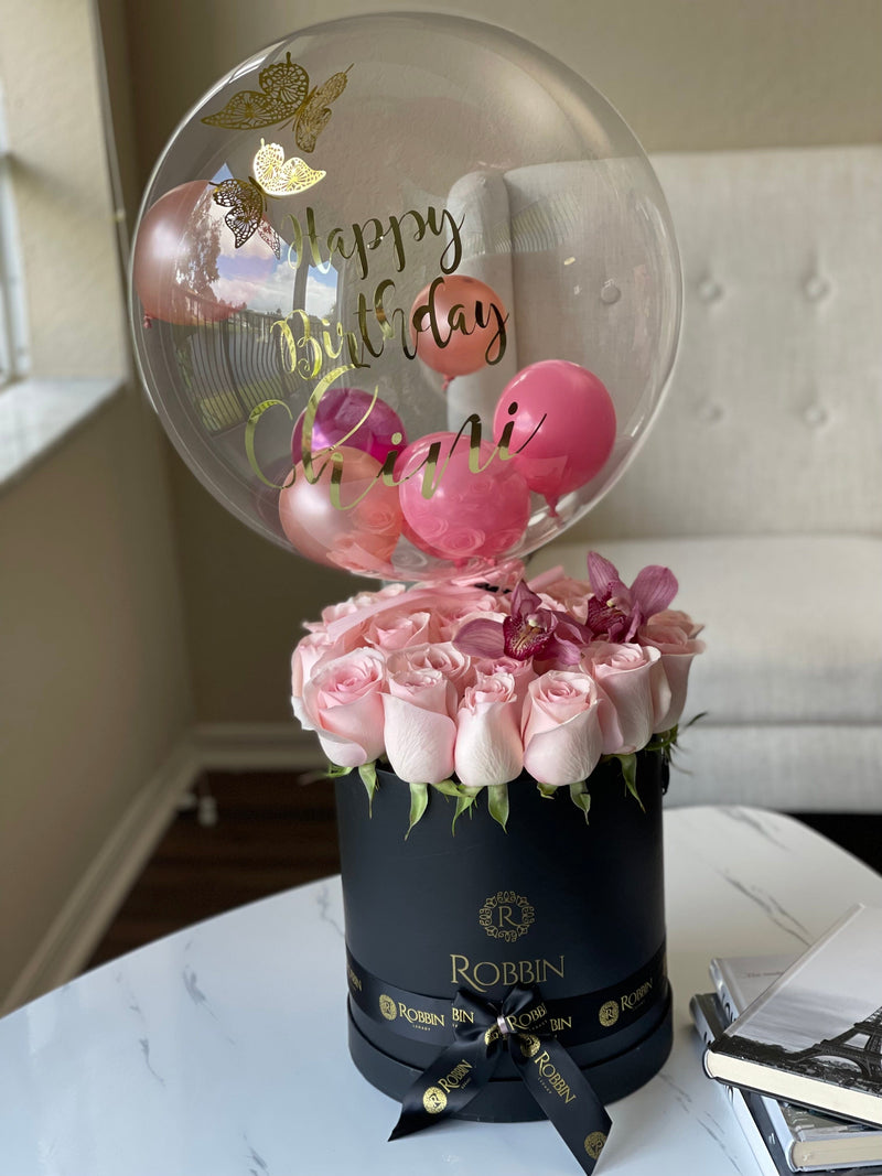 Hot Air Balloon personalized Fresh Roses Flowers and Orchid Miami Florida. Balloons Robbin Legacy Black ( Round Box) Pink 