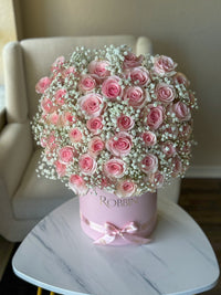 50 fresh Roses hatbox and baby breath Robbin Legacy 